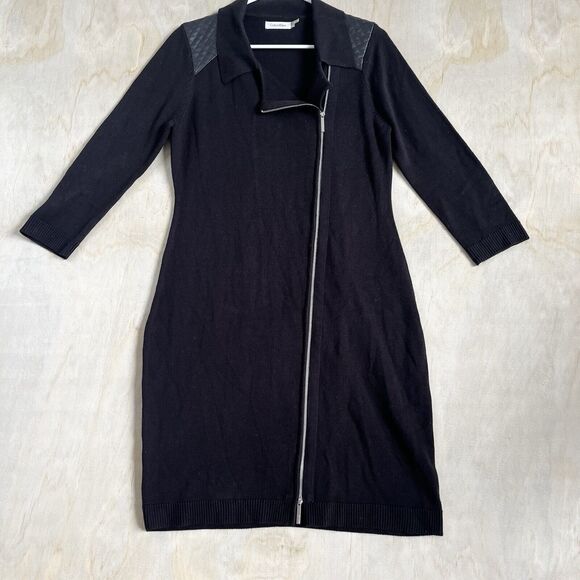 Calvin Klein Black Knit 3/4 Sleeve Asymmetrical Neckline Midi Dress Medium - Picture 1 of 8